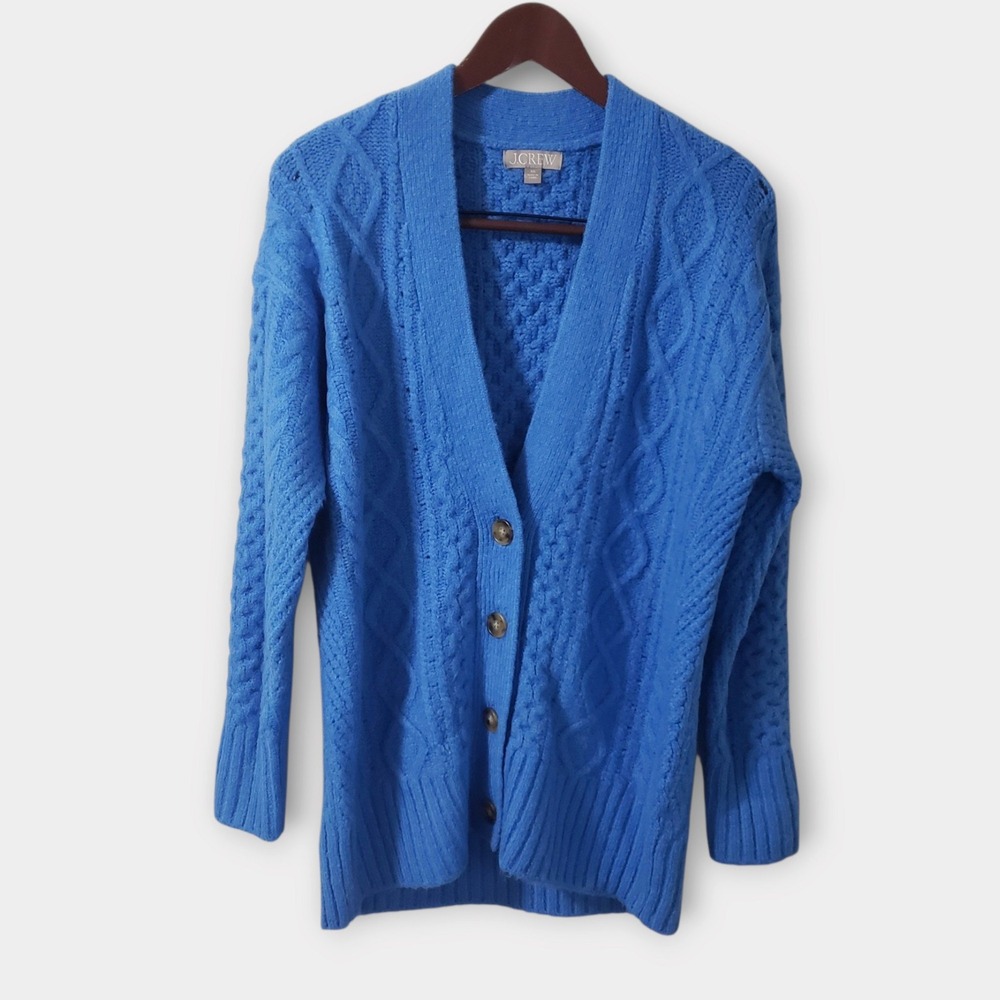 J.Crew Cable Knit Stretch Cardigan Chunky Alpaca Oversized Sweater XS Blue BJ606